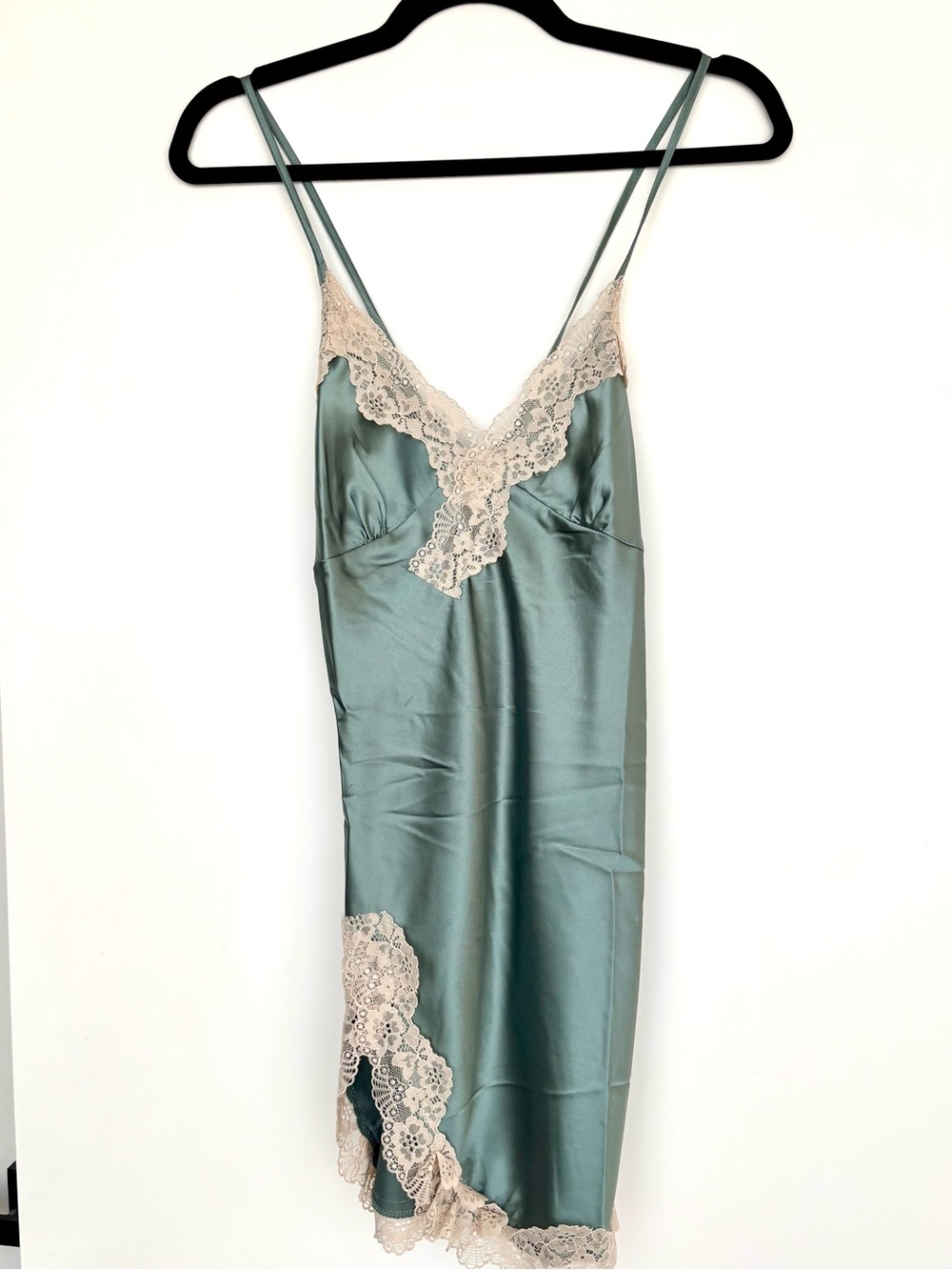 SHEIN Sage Green Satin Slip Dress with Cream Lace Trim Size S NWOT